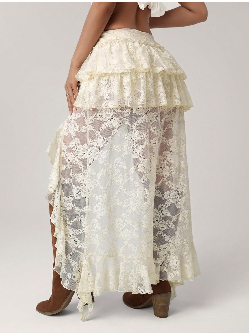 Boho Cream Lace High-Low Ruffle Skirt - Picture 6 of 6